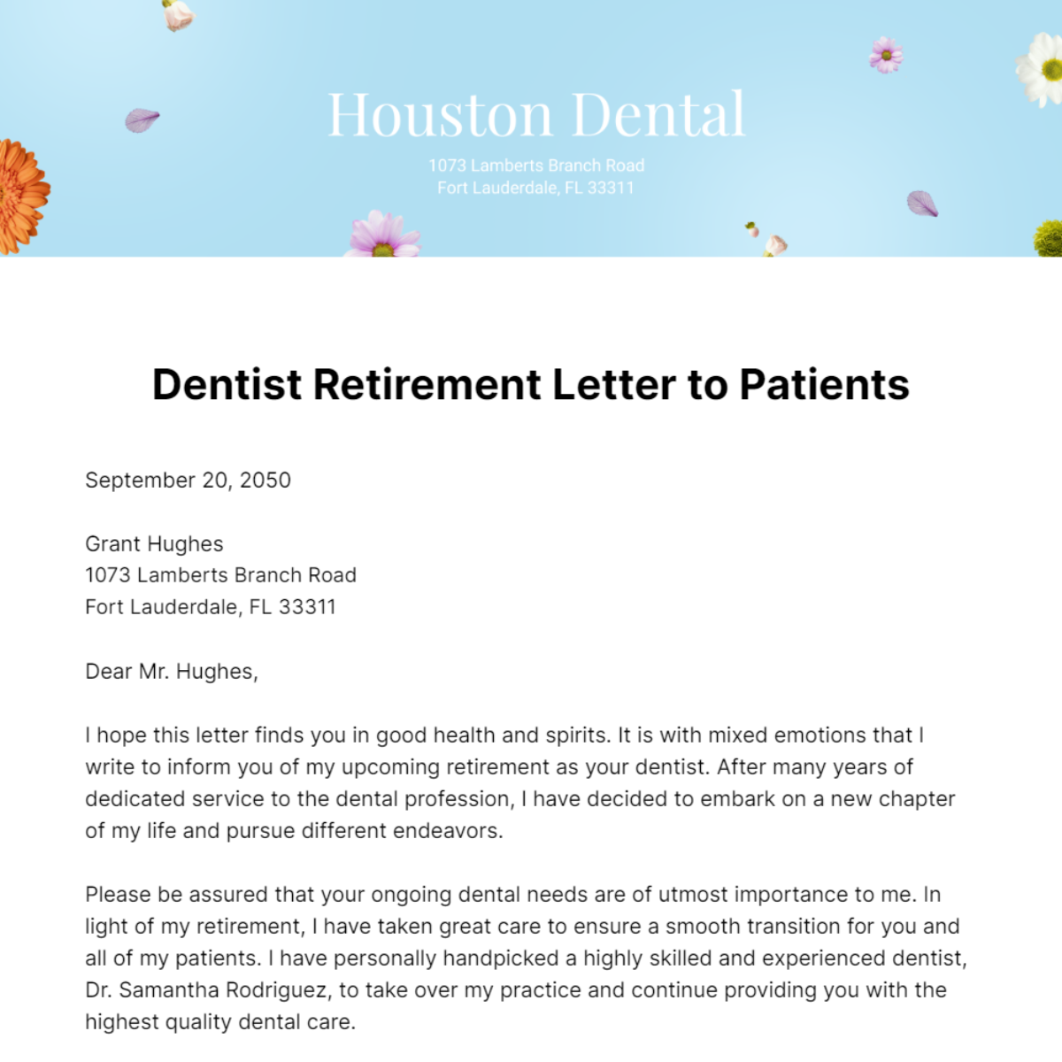 Dentist Retirement Letter to Patients Template