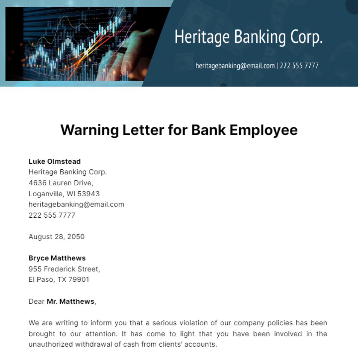 Free Warning Letter for Bank Employee Template
