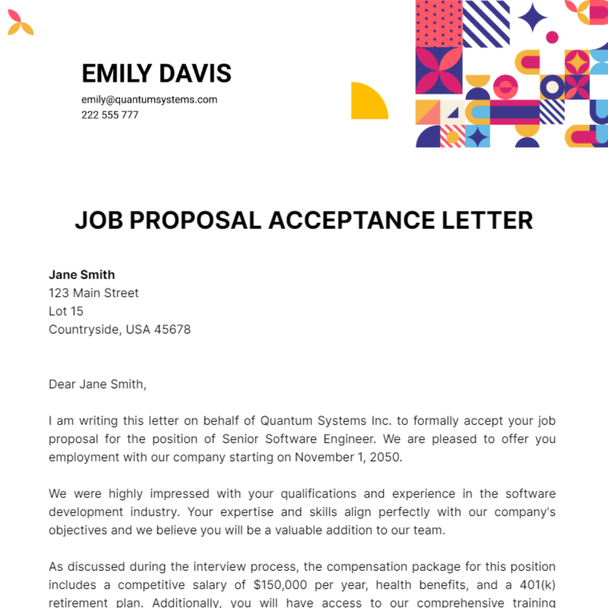 Job Proposal Acceptance Letter Teplate Template - Edit Online & Download