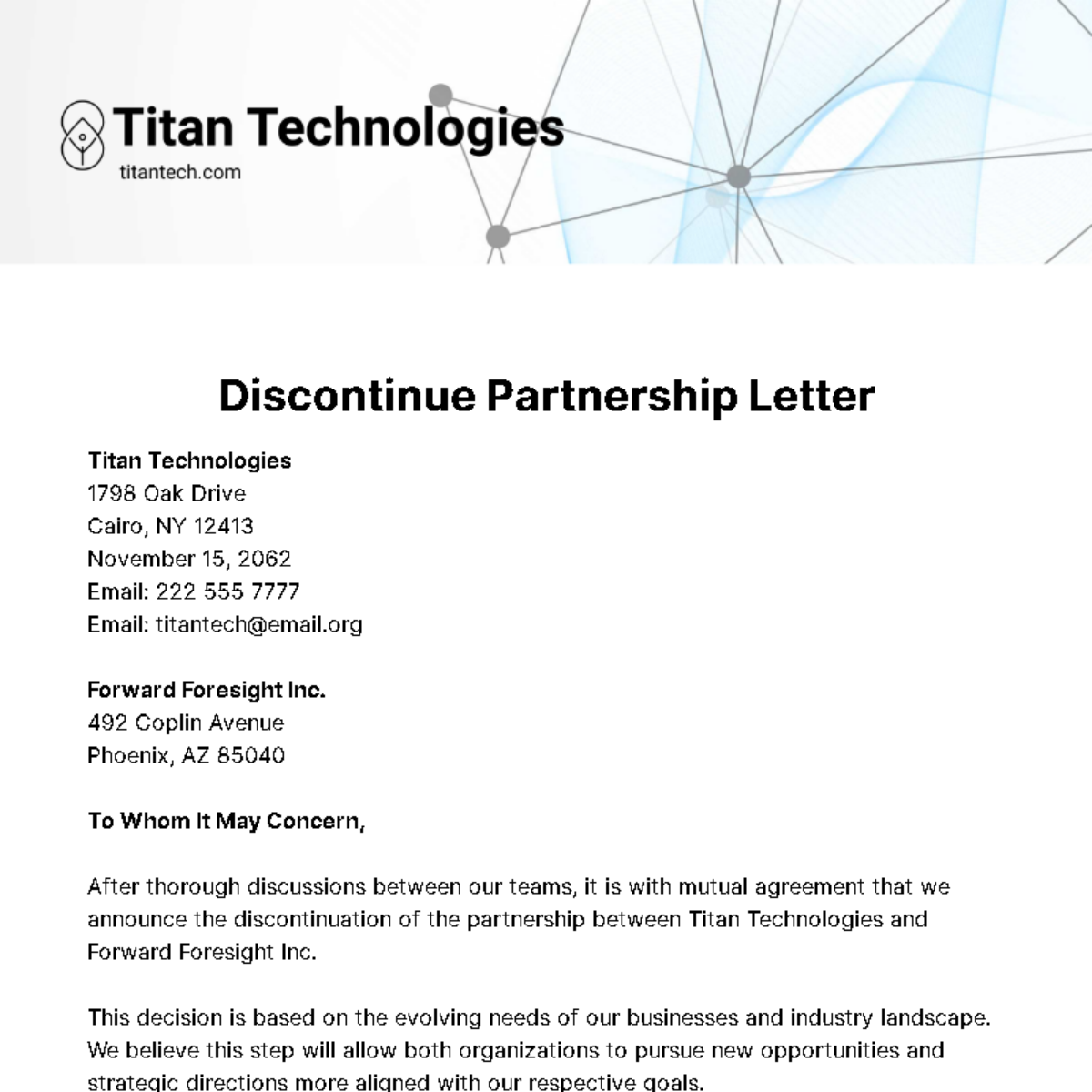 Free Discontinue Partnership Letter