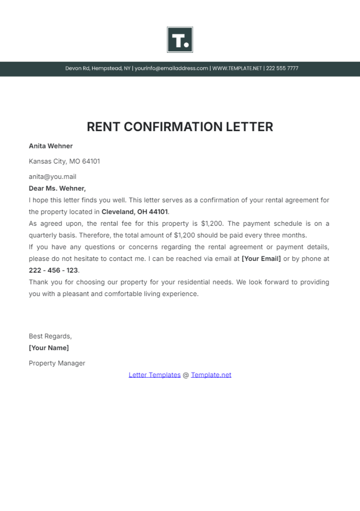 Rent Confirmation Letter Template - Edit Online & Download