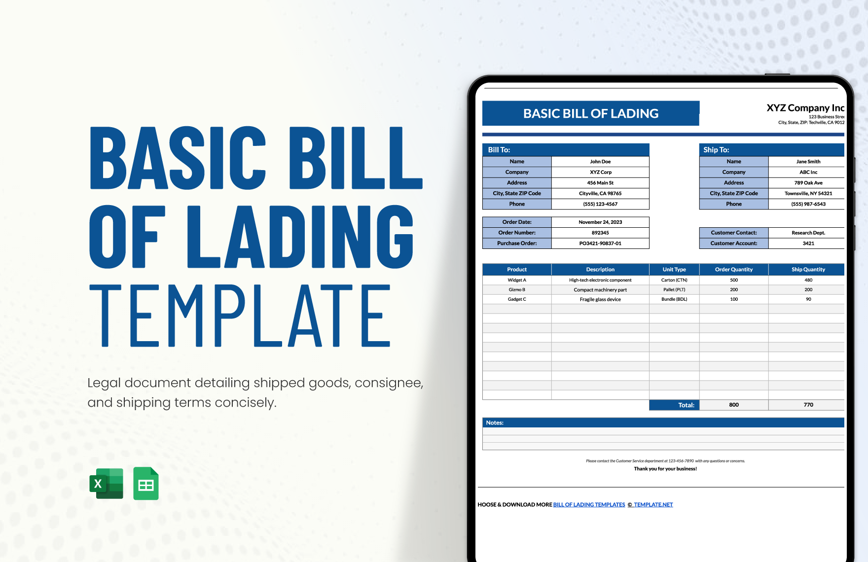 Free Basic Bill of Lading Template in Excel, Google Sheets