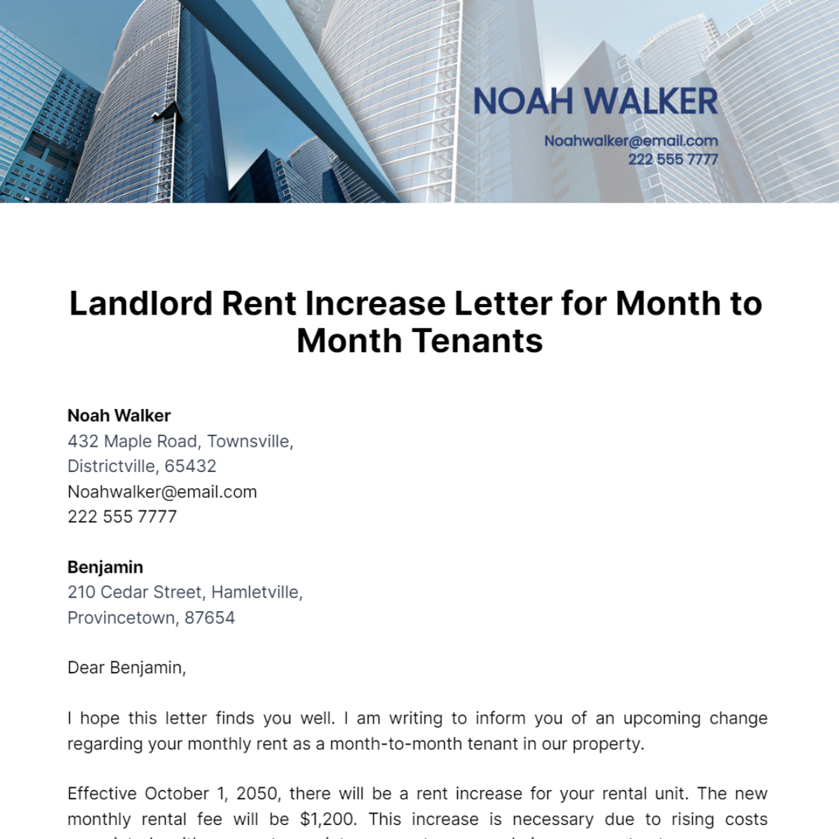 Landlord Rent Increase Letter for Month to Month Tenants Template