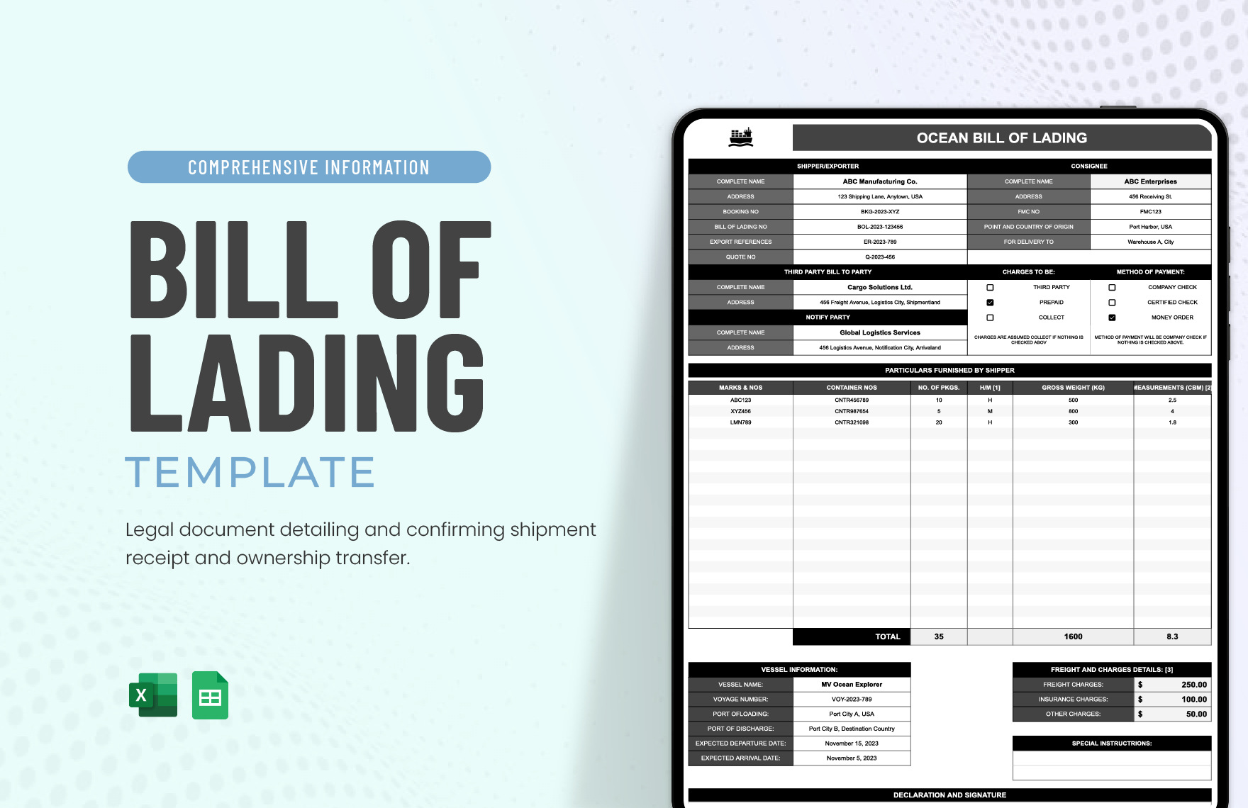 Ocean Bill of Lading Template in Excel, Google Sheets