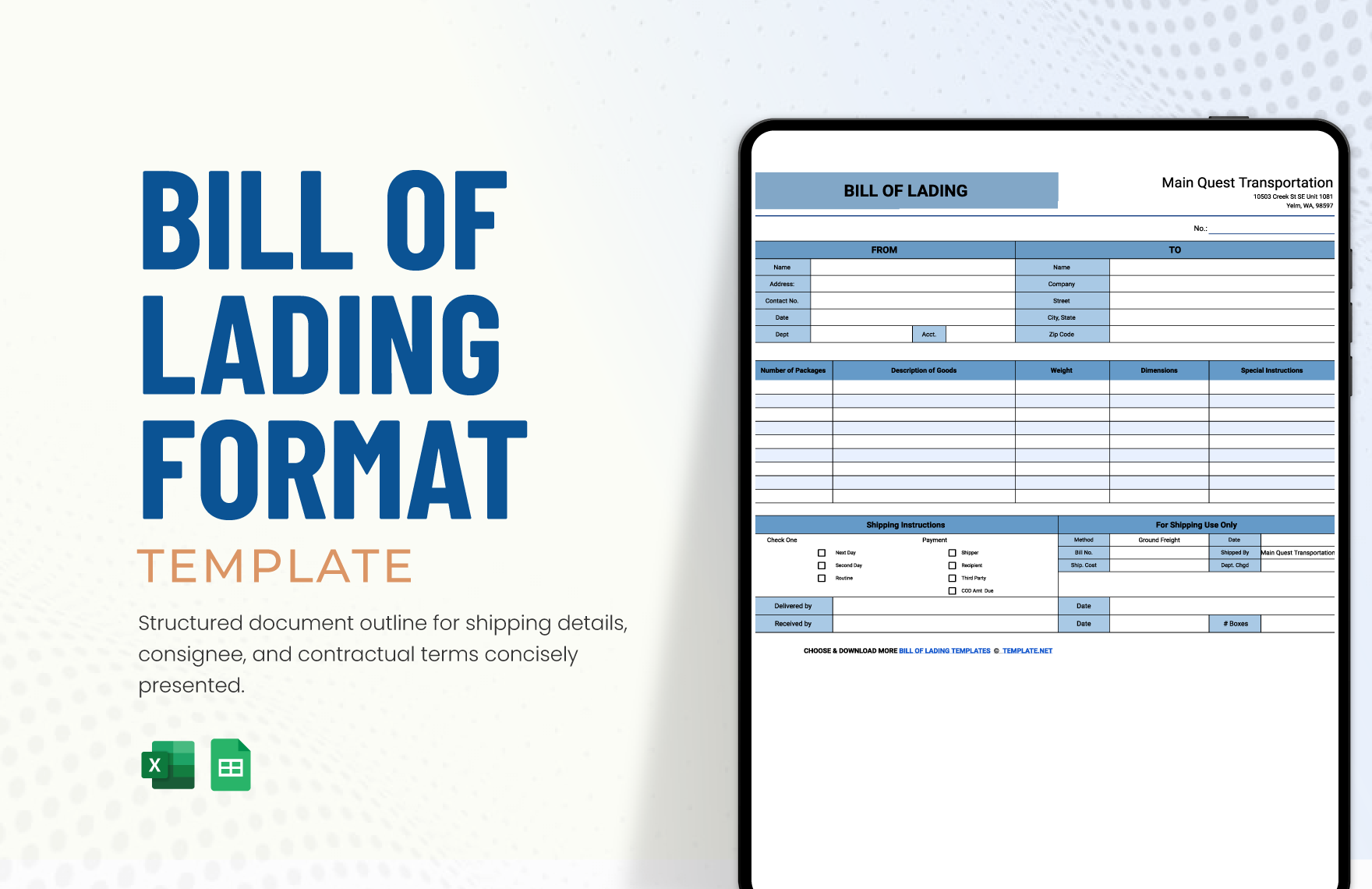 Free Bill of Lading Format Template in Excel, Google Sheets