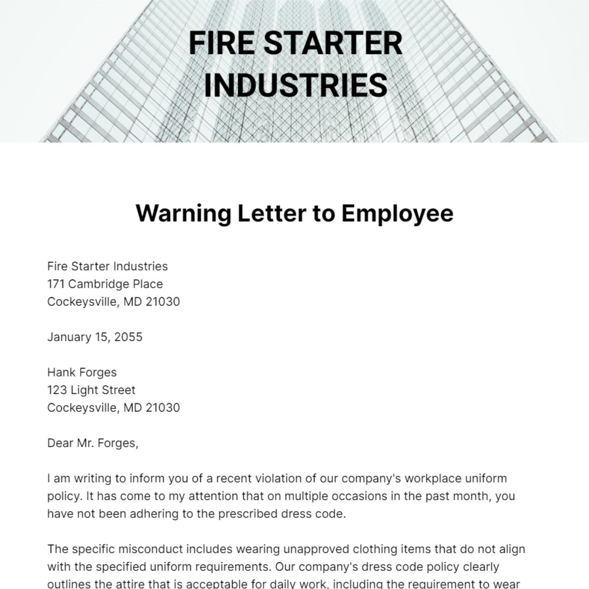Free Warning Letter to Employee Template