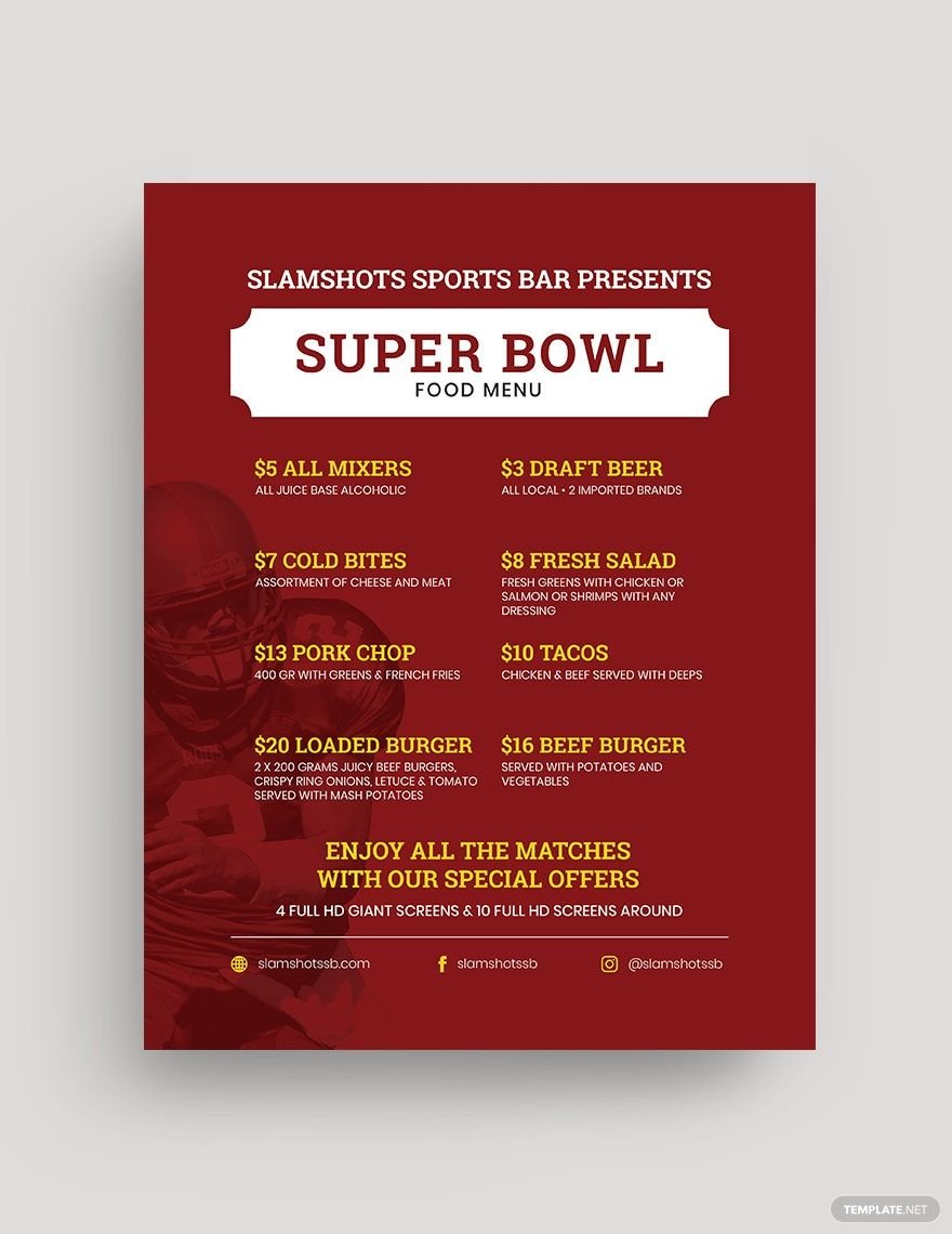Football Super Bowl Food Menu Flyer Template