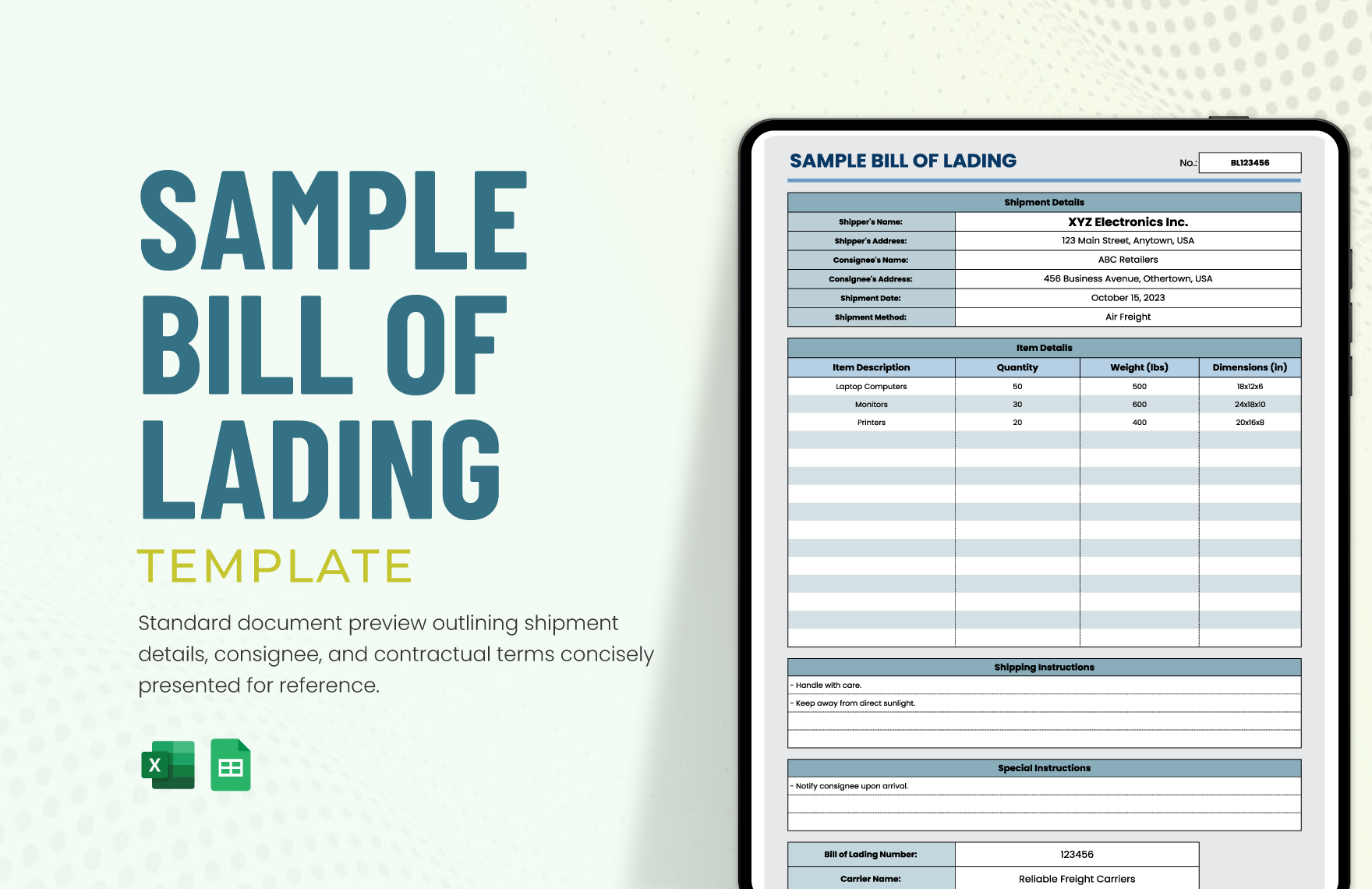 Free Sample Bill of Lading Template