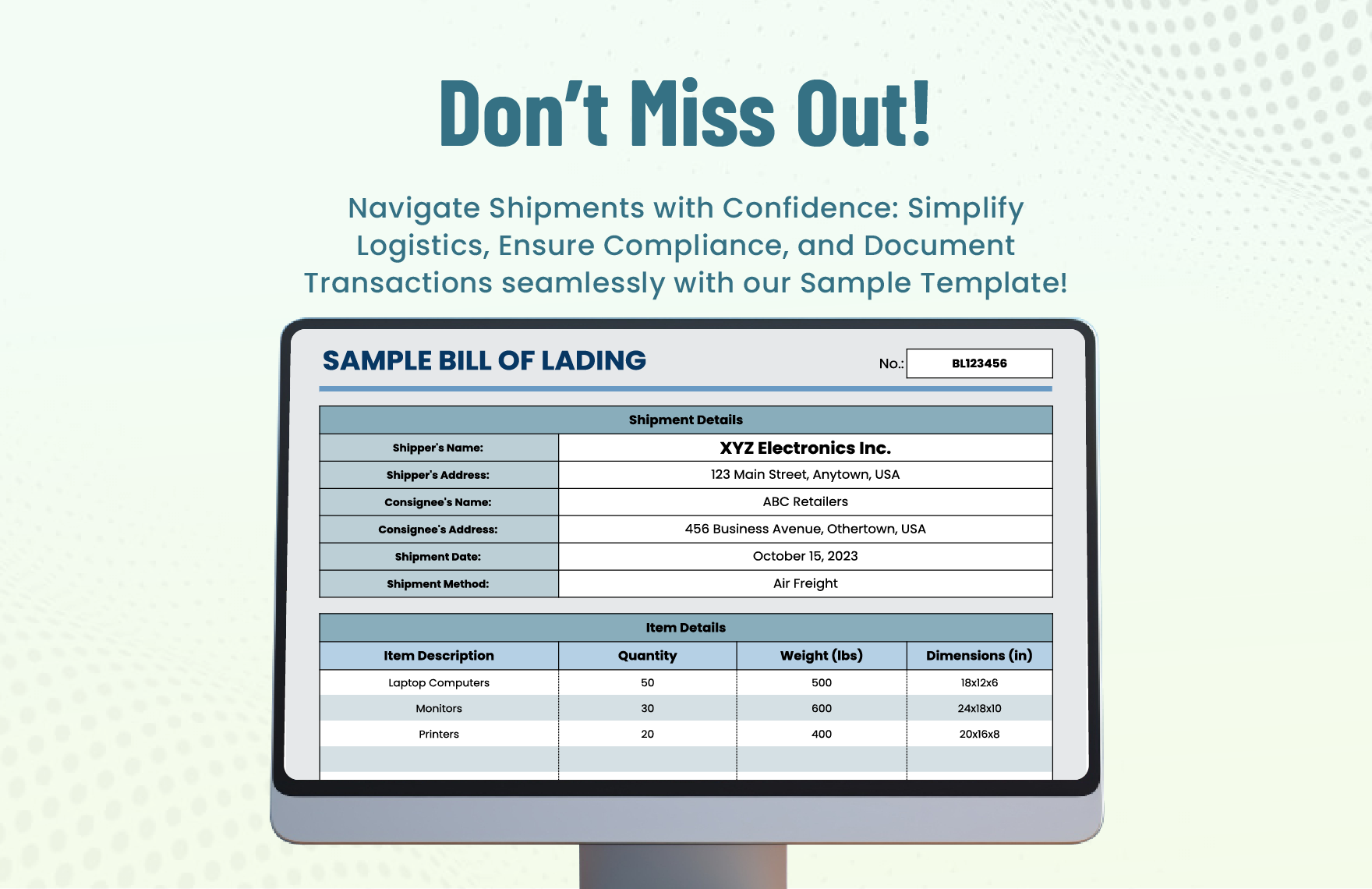 Sample Bill of Lading Template