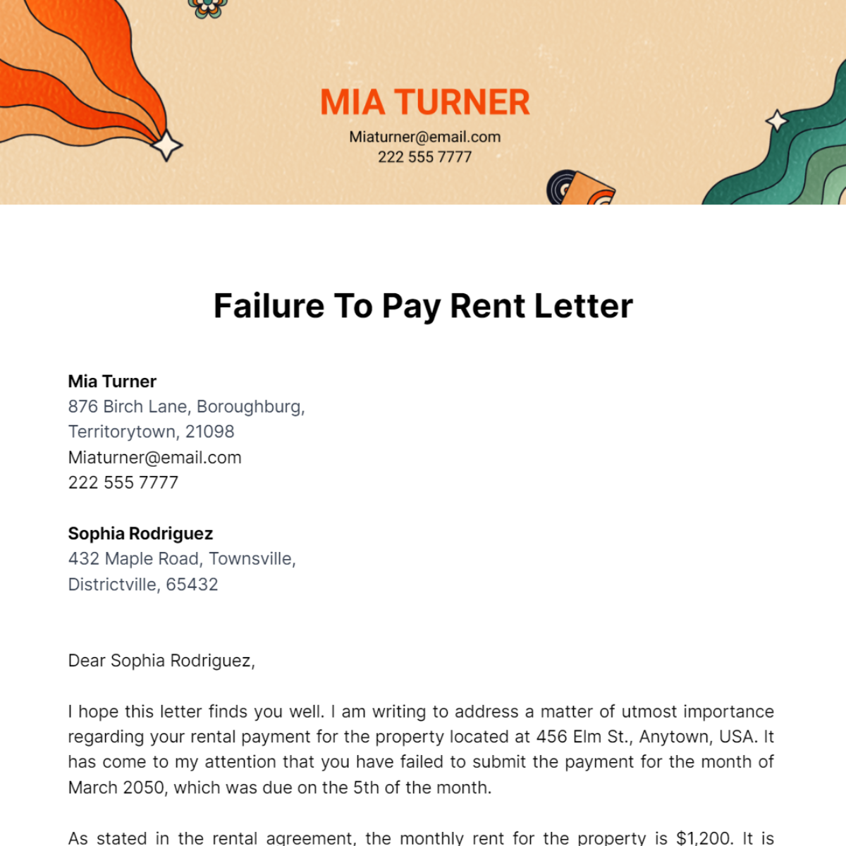 Failure To Pay Rent Letter Template