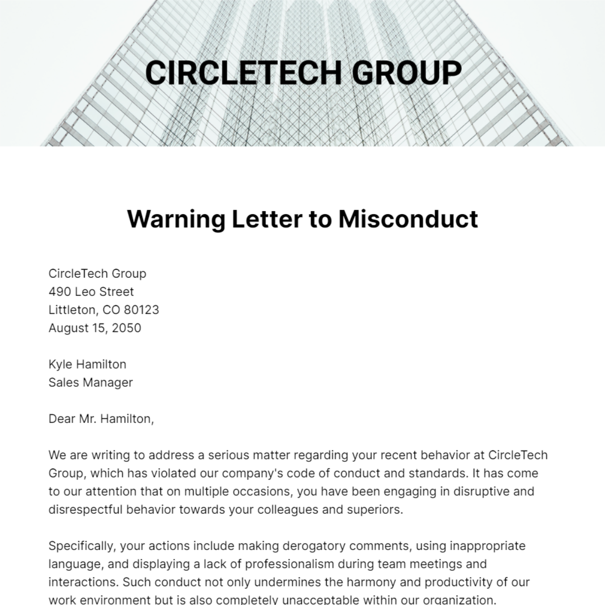 Warning Letter for Misconduct Template