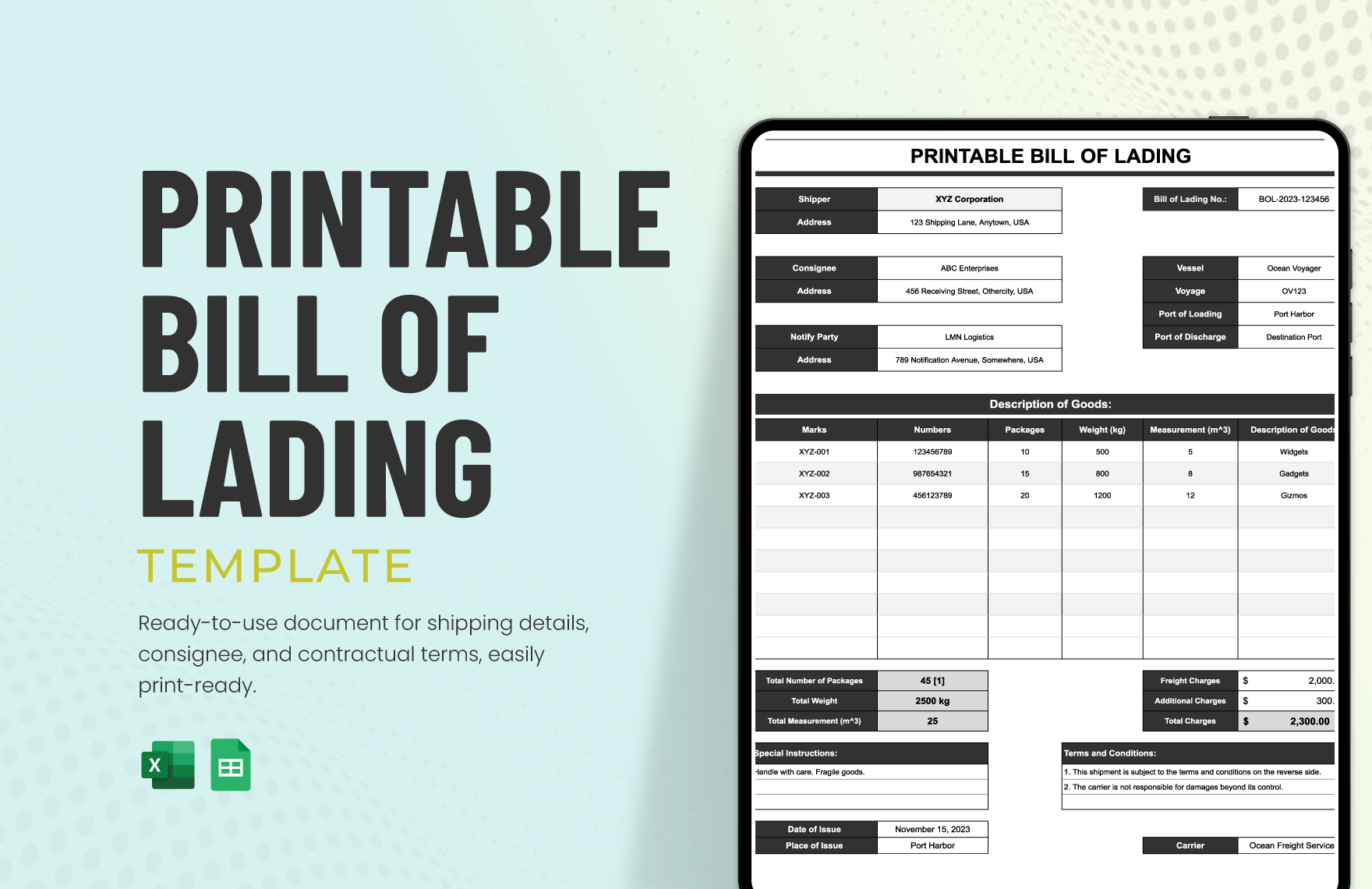 Free Printable Bill of Lading Template in Excel, Google Sheets