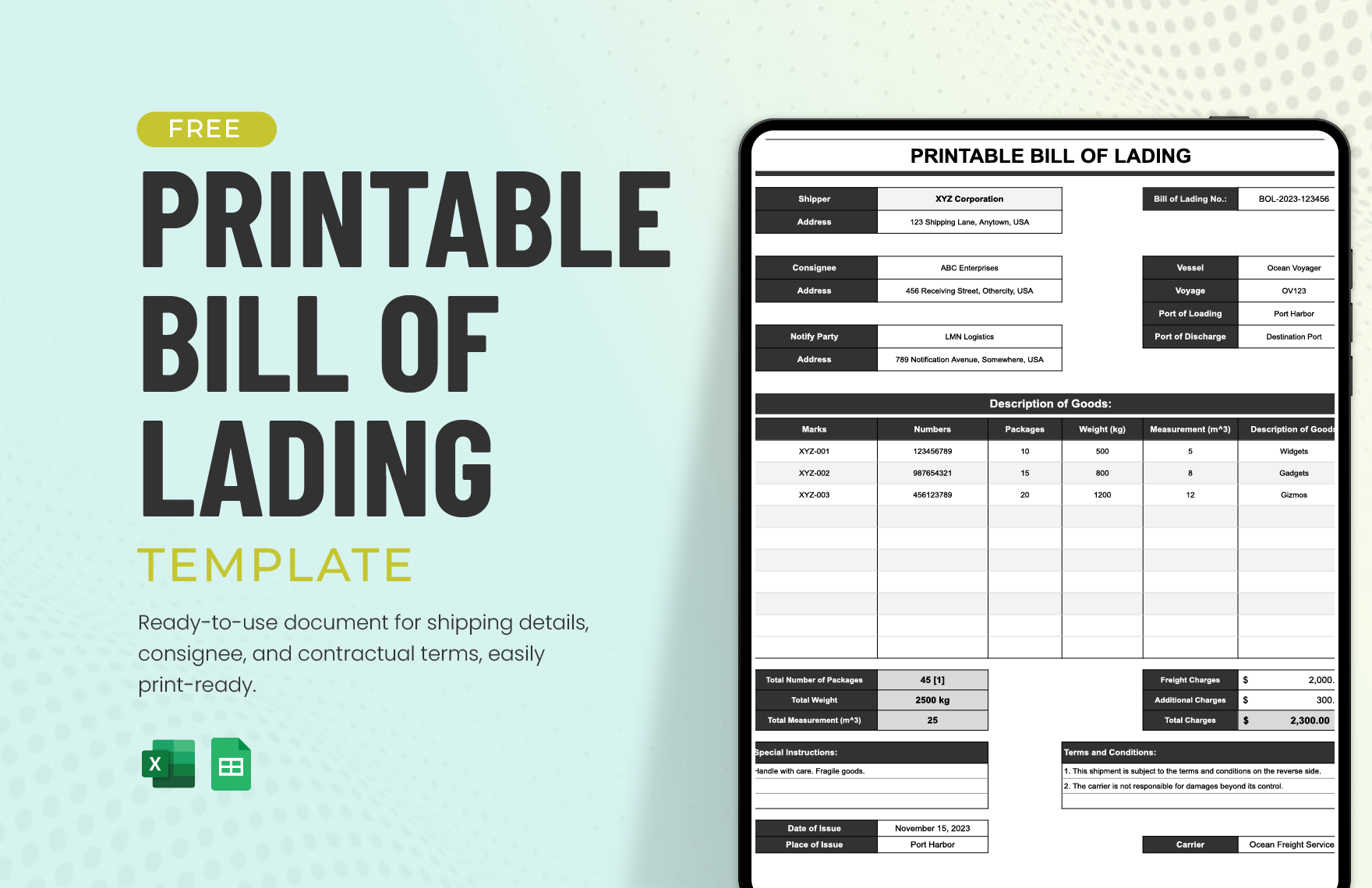 Printable Bill of Lading Template