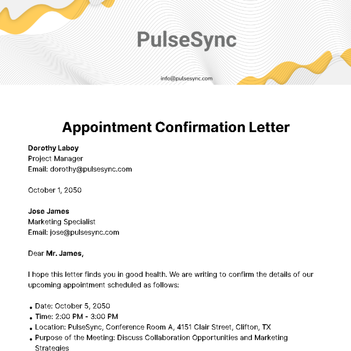 Appointment Confirmation Letter Template