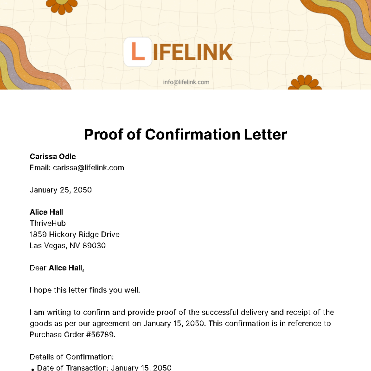 Proof of Confirmation Letter Template