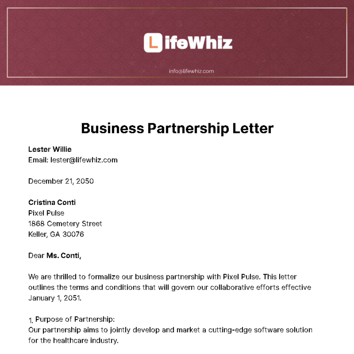 Free Business Partnership Letter