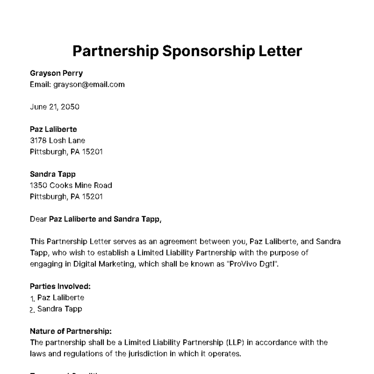 Free Partnership Sponsorship Letter