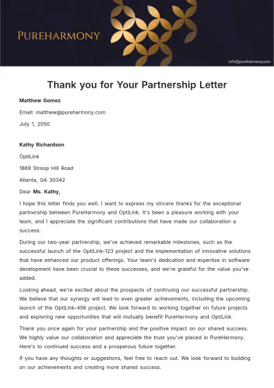 Free Thank you for Your Partnership Letter Template to Edit Online