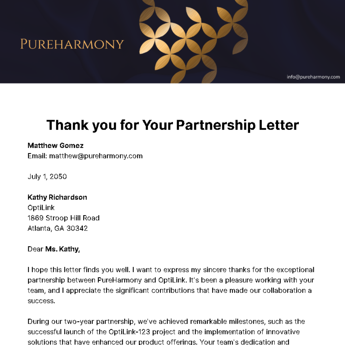 Free Thank you for Your Partnership Letter