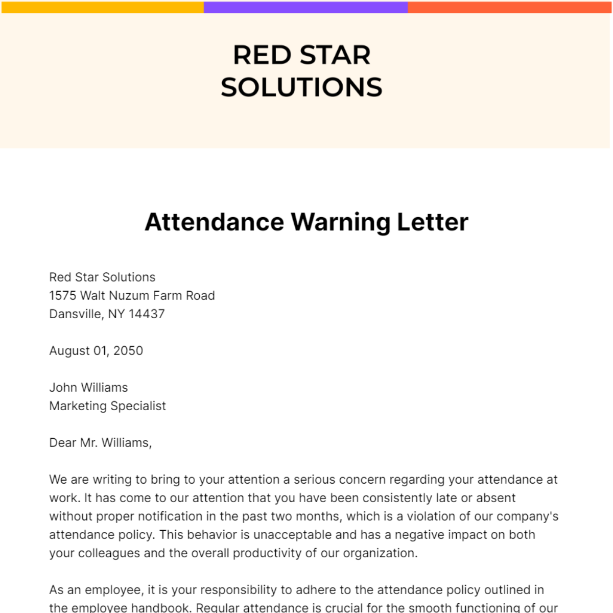 Attendance Warning Letter Template