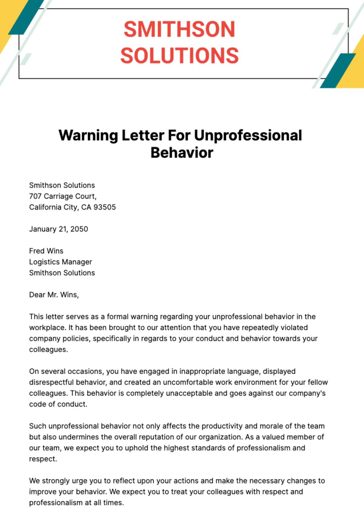 Free Warning Letter for Unprofessional Behavior Template