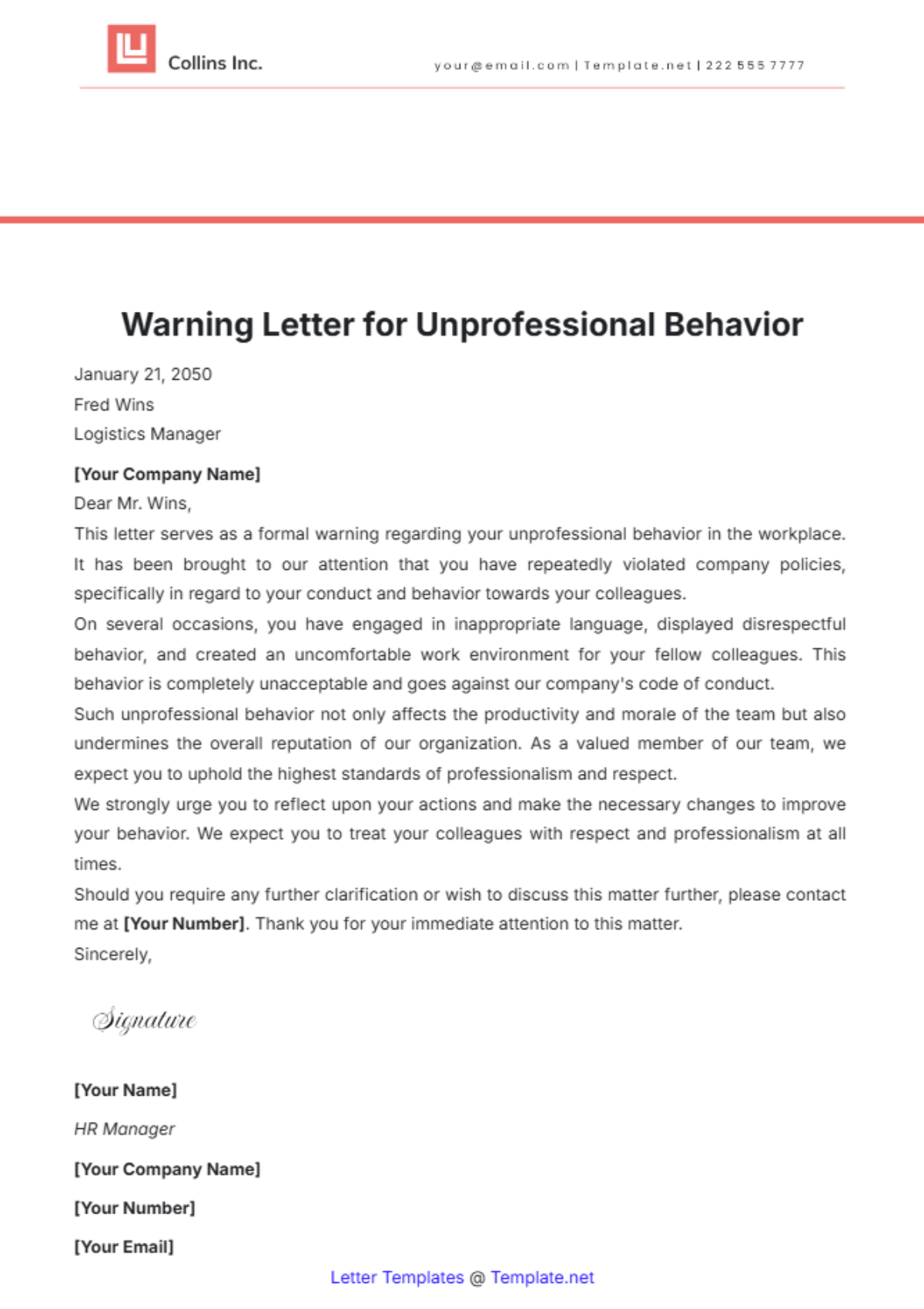 Warning Letter for Unprofessional Behavior Template - Edit Online & Download