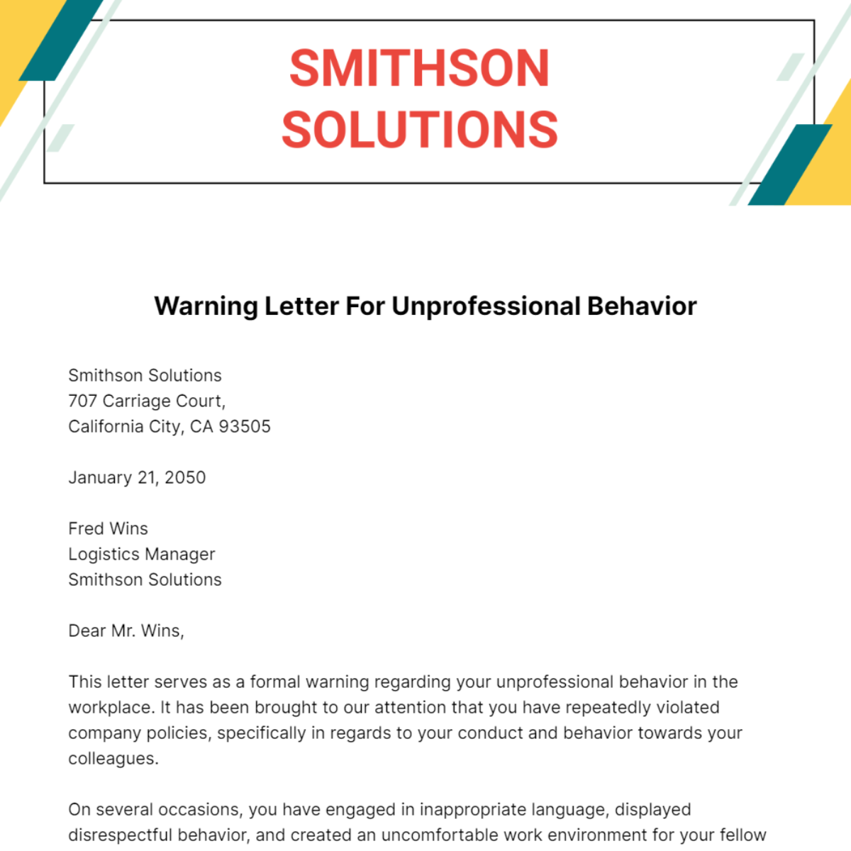 Warning Letter for Unprofessional Behavior Template