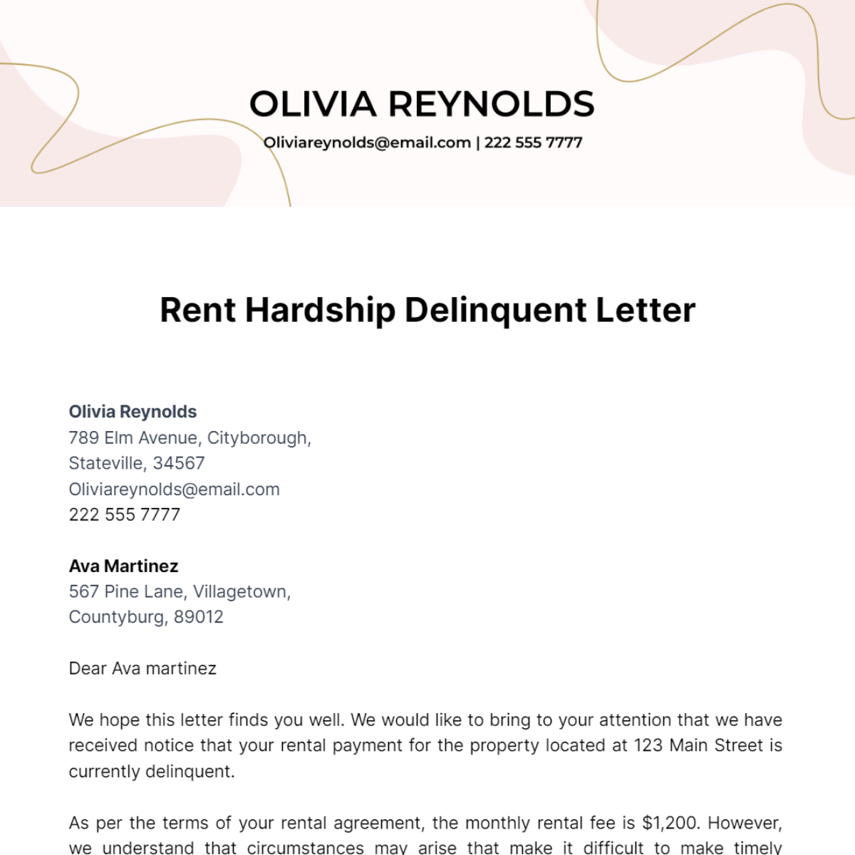 Rent Hardship Delinquent Letter Template