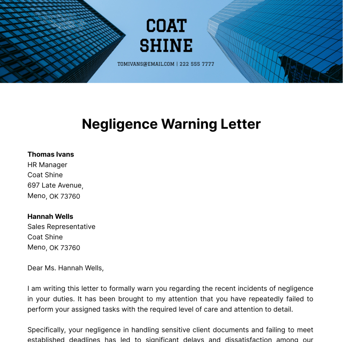 Negligence Warning Letter Template