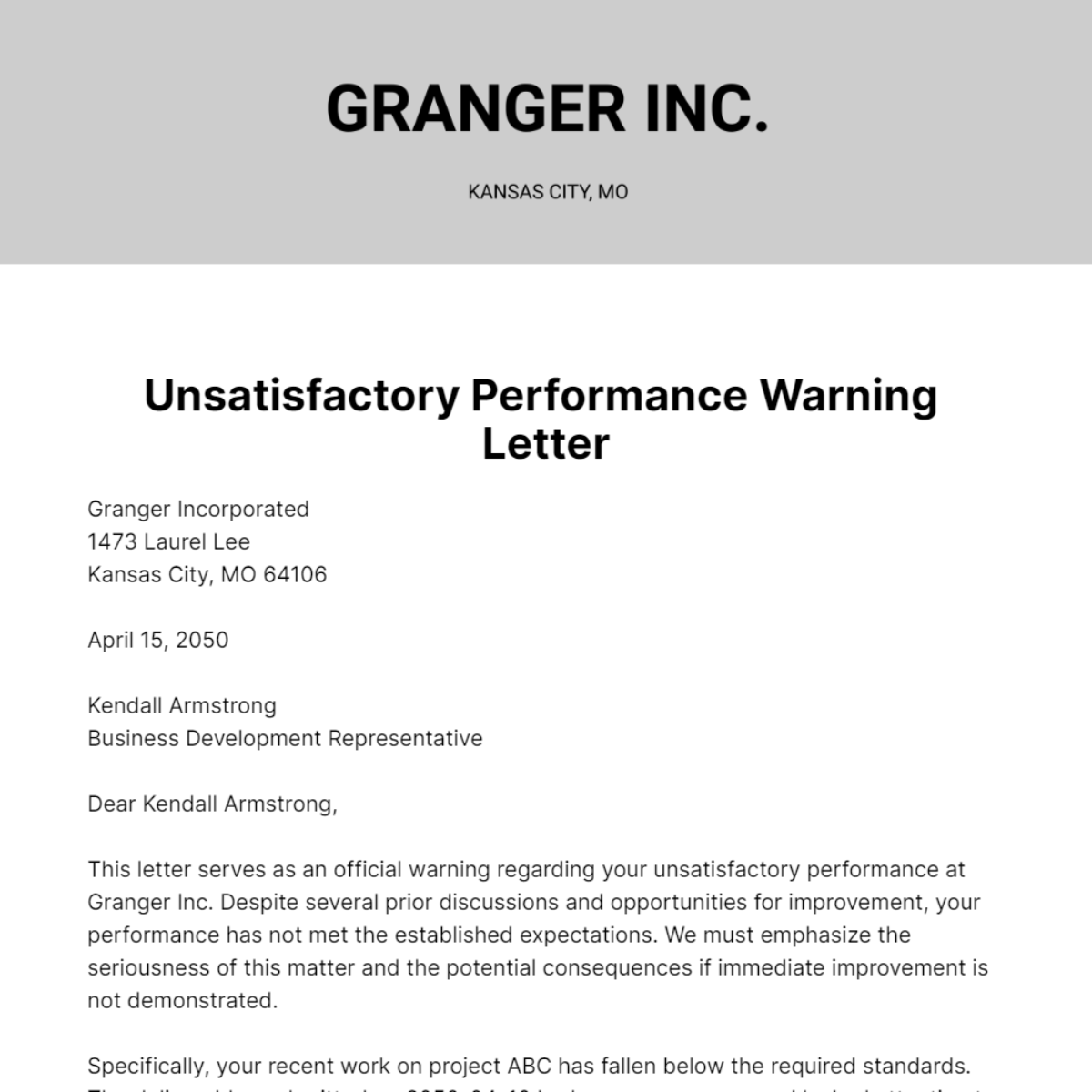 Unsatisfactory Performance Warning Letter Template