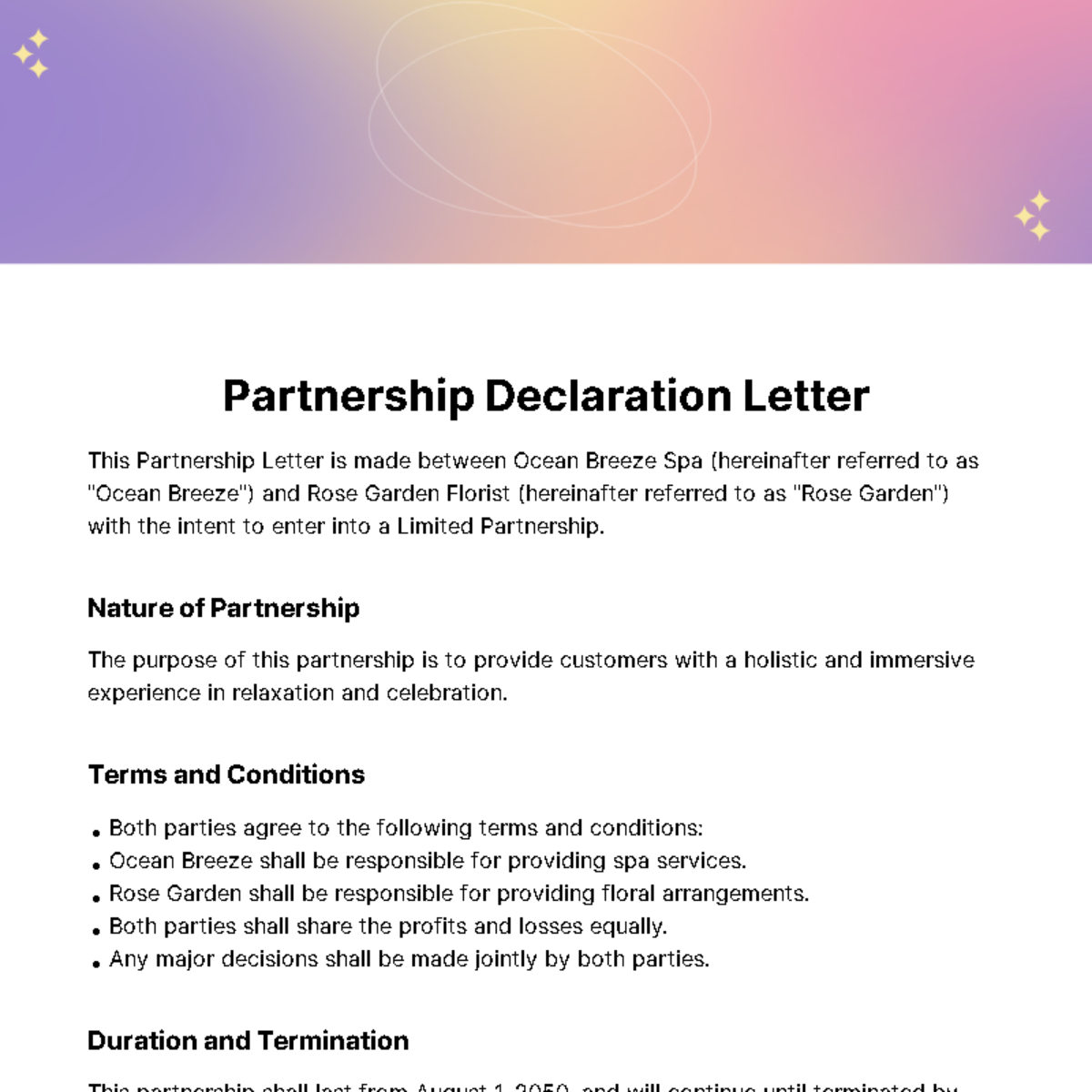 Free Partnership Declaration Letter Edit Online Download Template