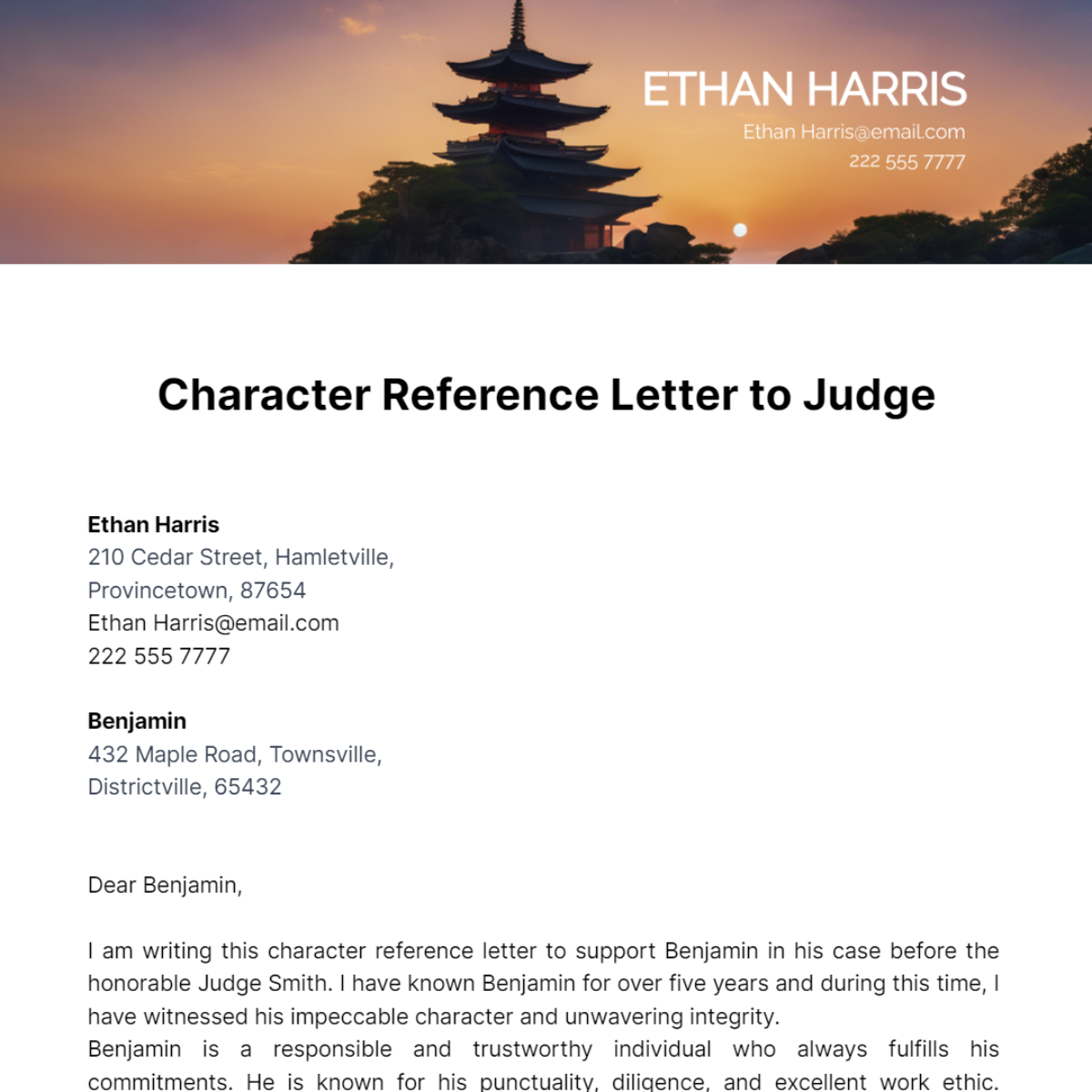 Character Reference Letter to Judge Template
