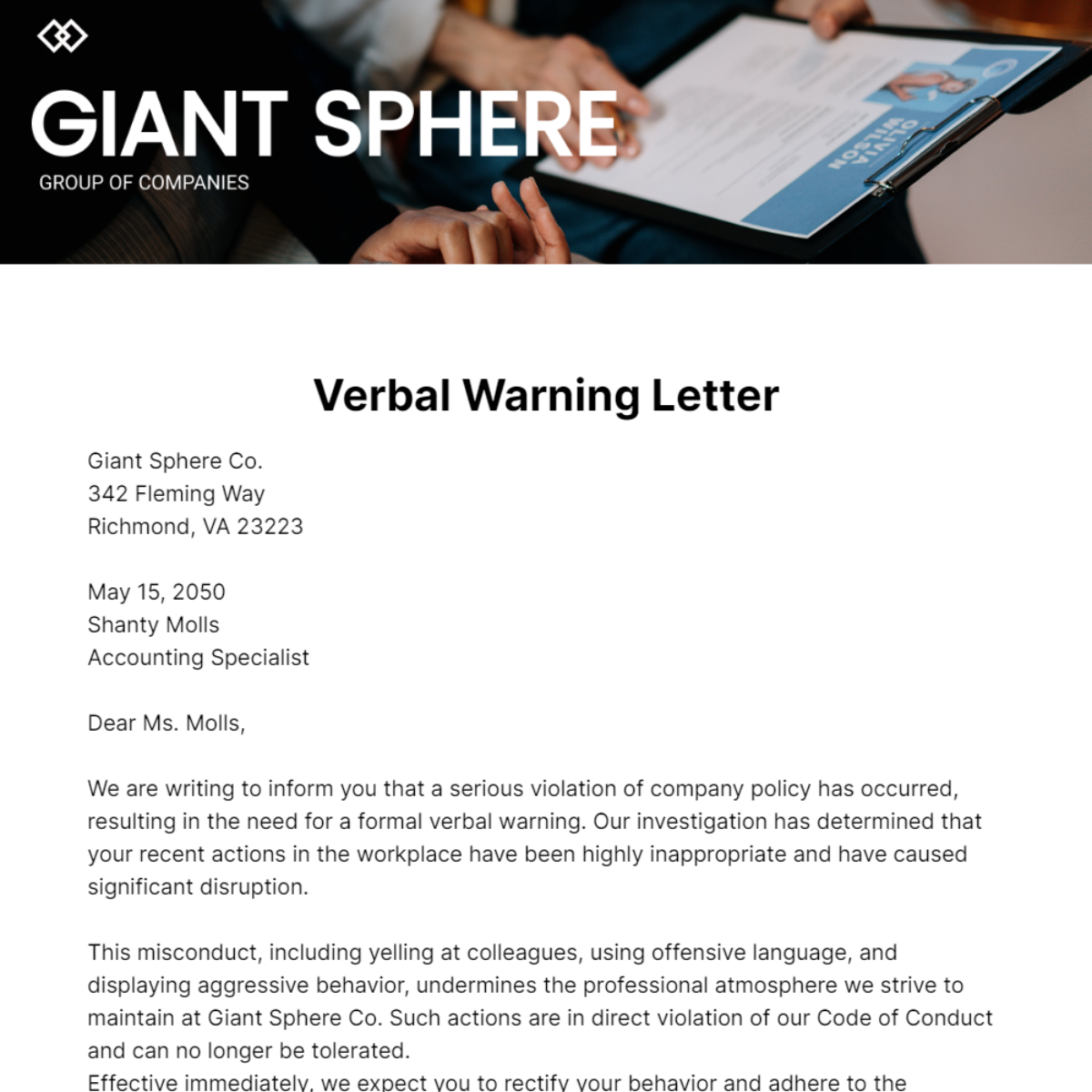 Free Verbal Warning Letter Template