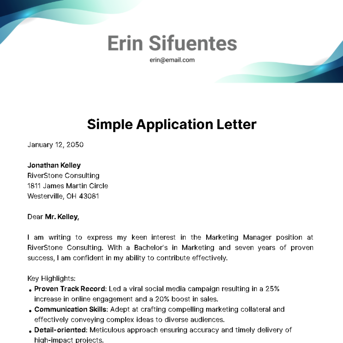 Free Simple Application Letter  Template