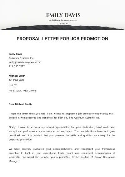 Free Proposal Letter For Job Promotion Template to Edit Online