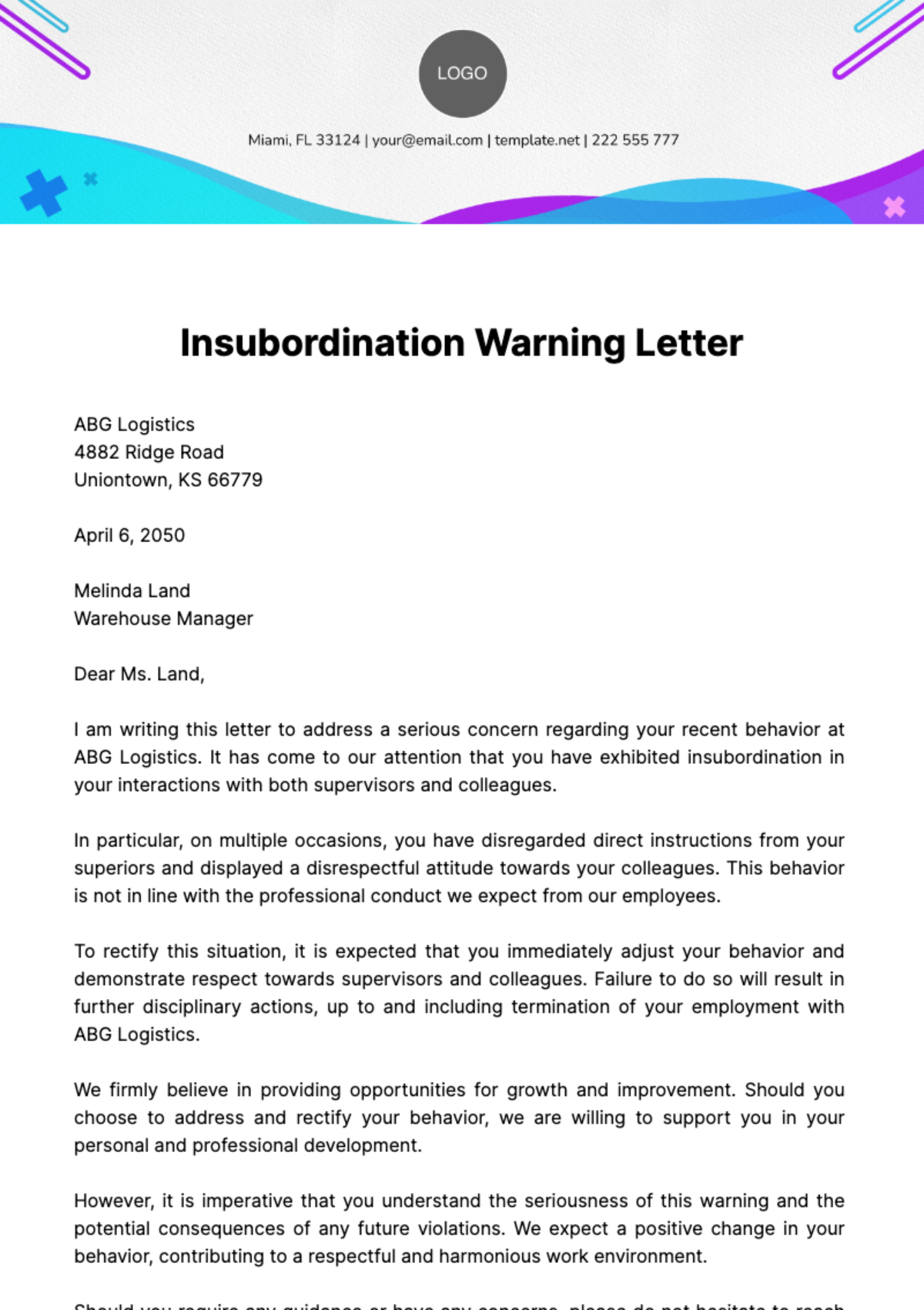 Free Insubordination Warning Letter Template