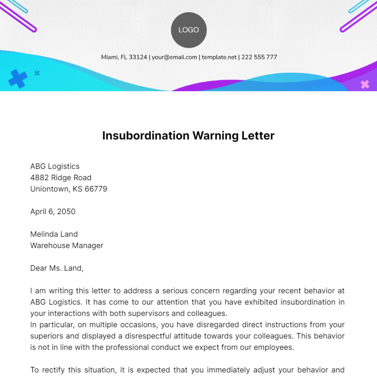 Insubordination Warning Letter Template