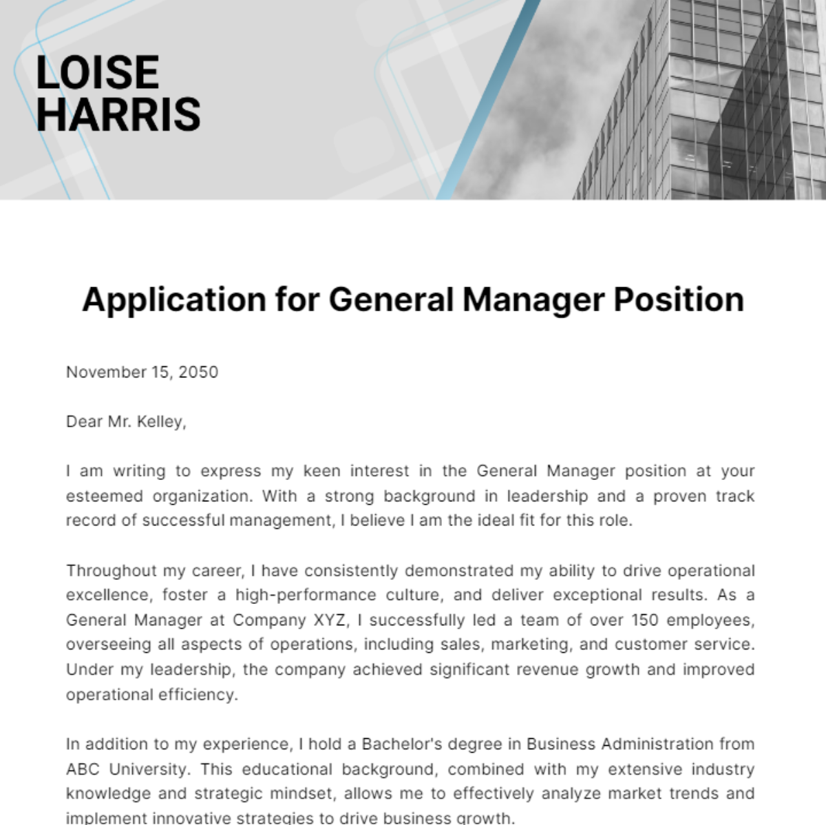 Free Application Letter for General Manager Position  Template