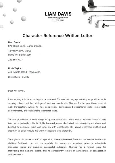 Free Character Reference Written Letter Template to Edit Online