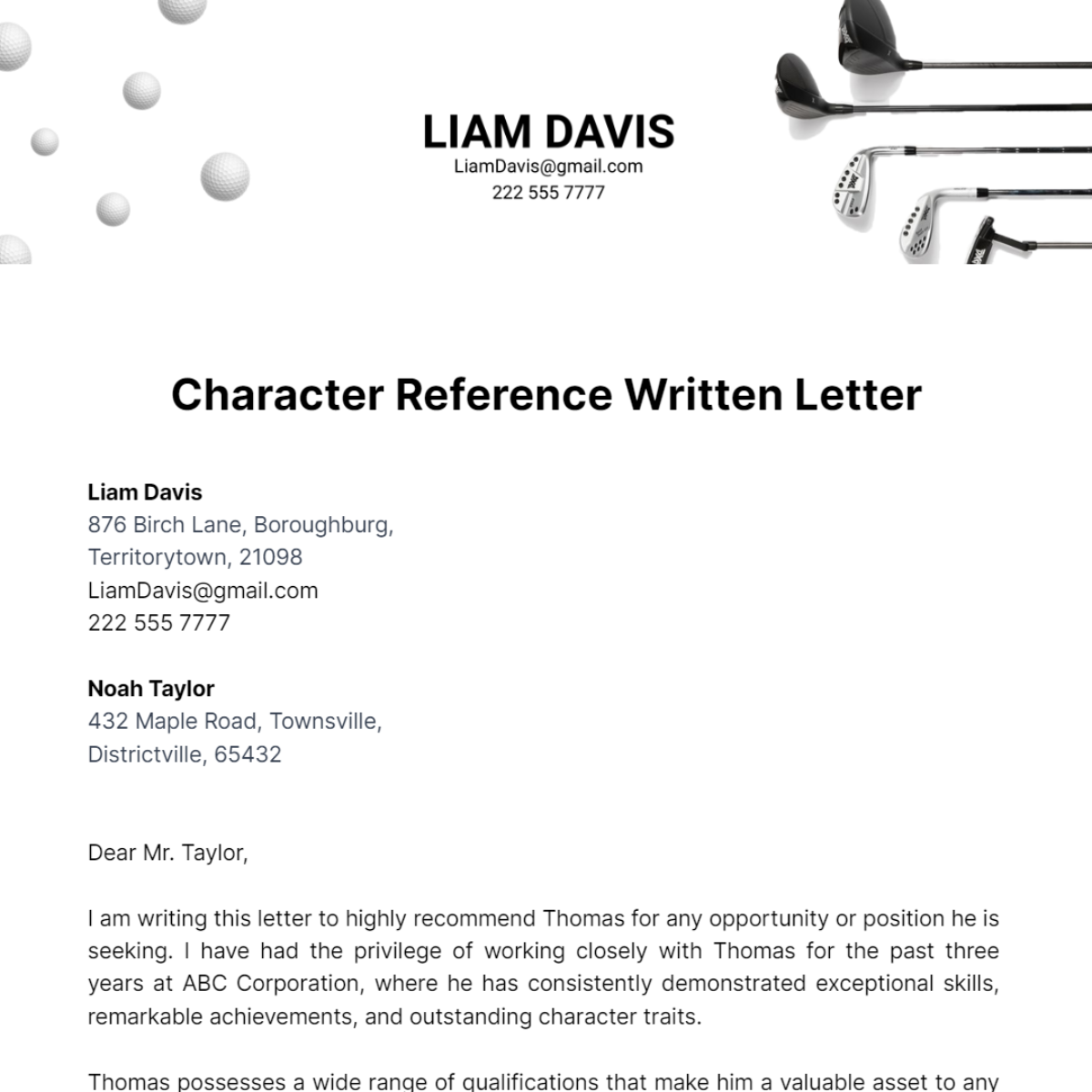 Character Reference Written Letter Template
