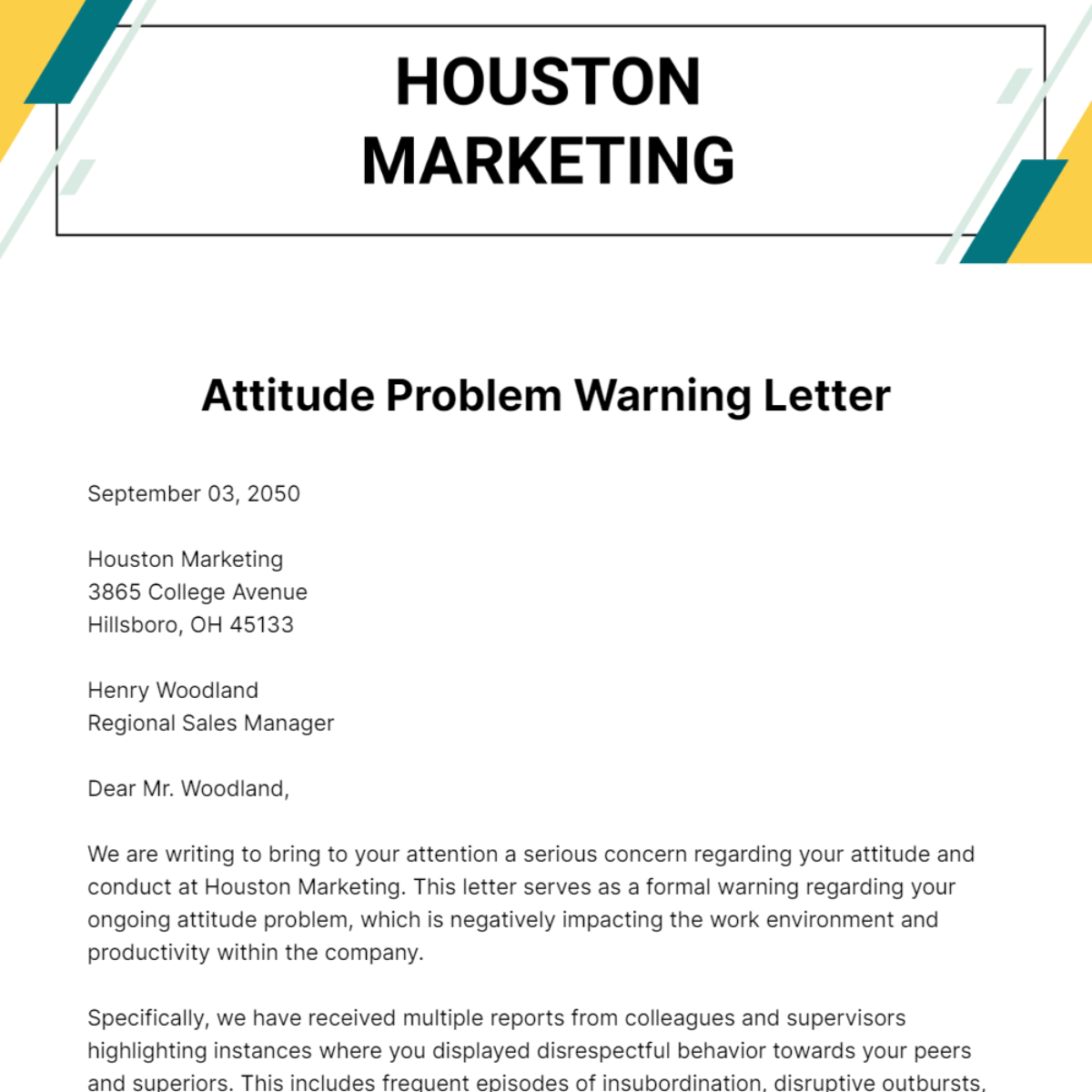 Free Attitude Problem Warning Letter Template