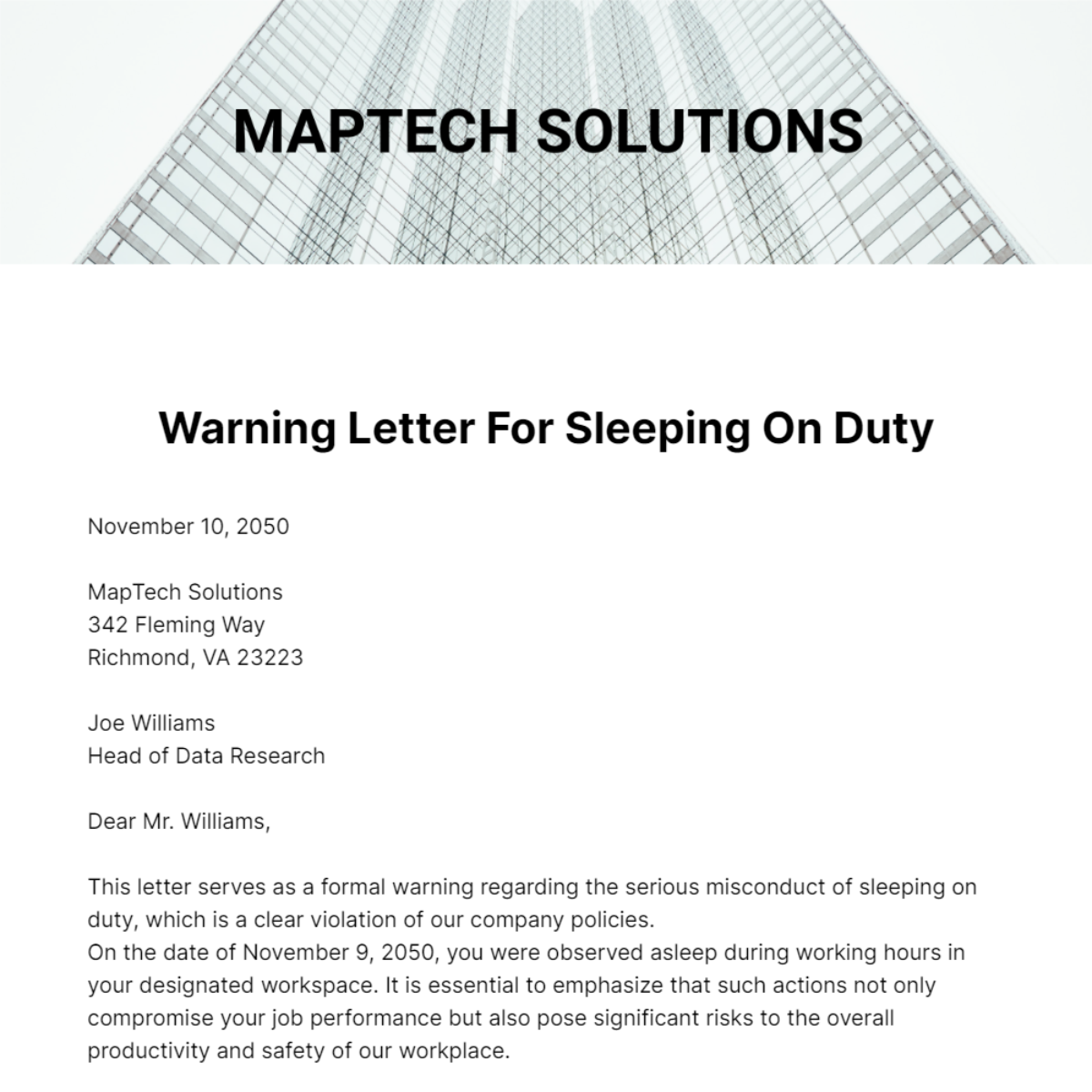 Free Warning Letter for Sleeping on Duty Template