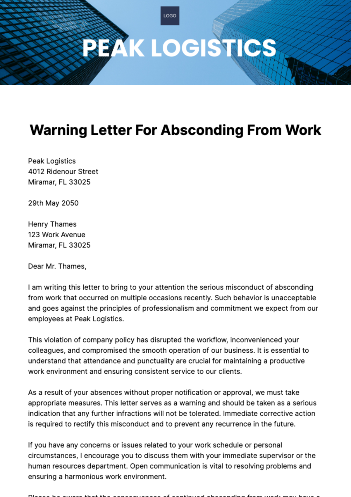 Free Warning Letter for Absconding from Work Template