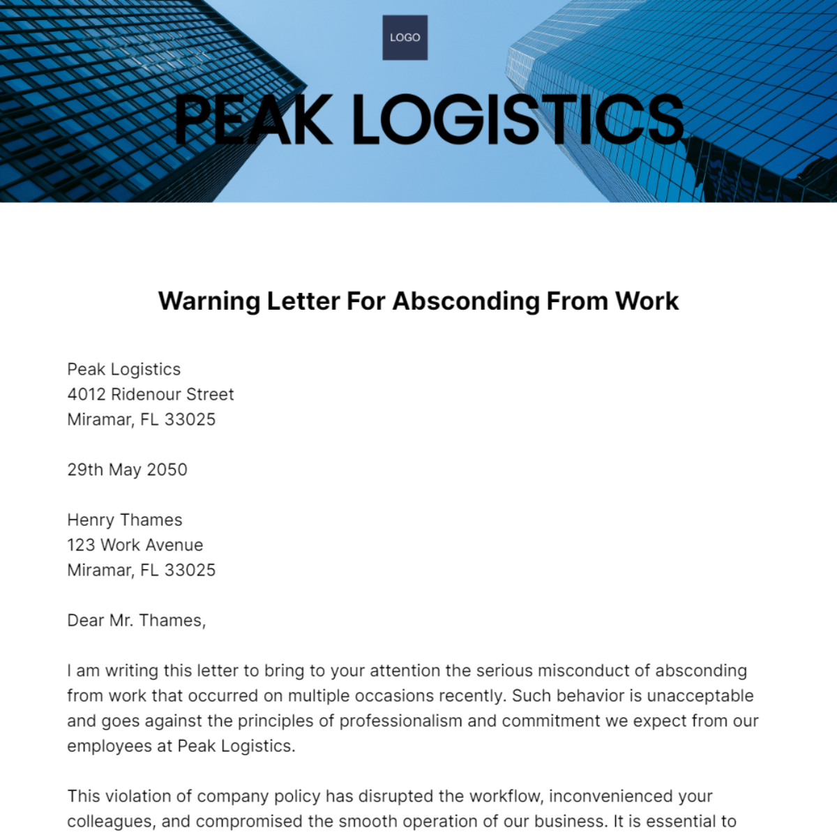 Warning Letter for Absconding from Work Template