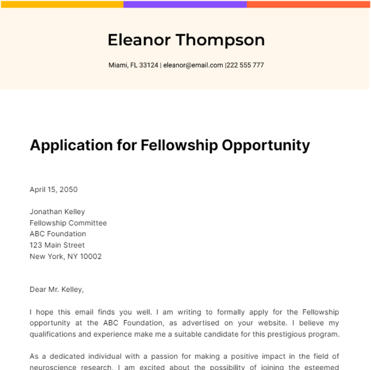 Free Application Letter for Fellowship  Template