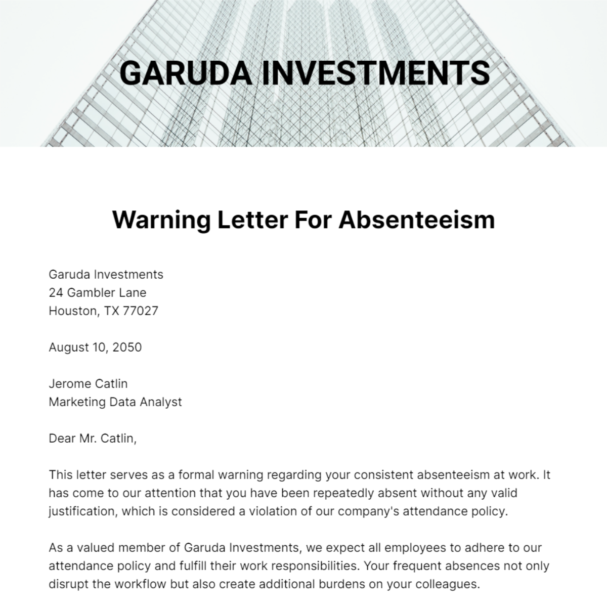 Free Warning Letter for Absenteeism Template