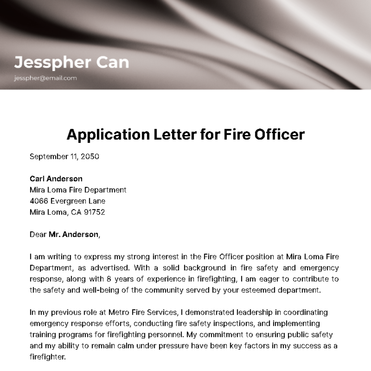 Application Letter for Fire Officer  Template