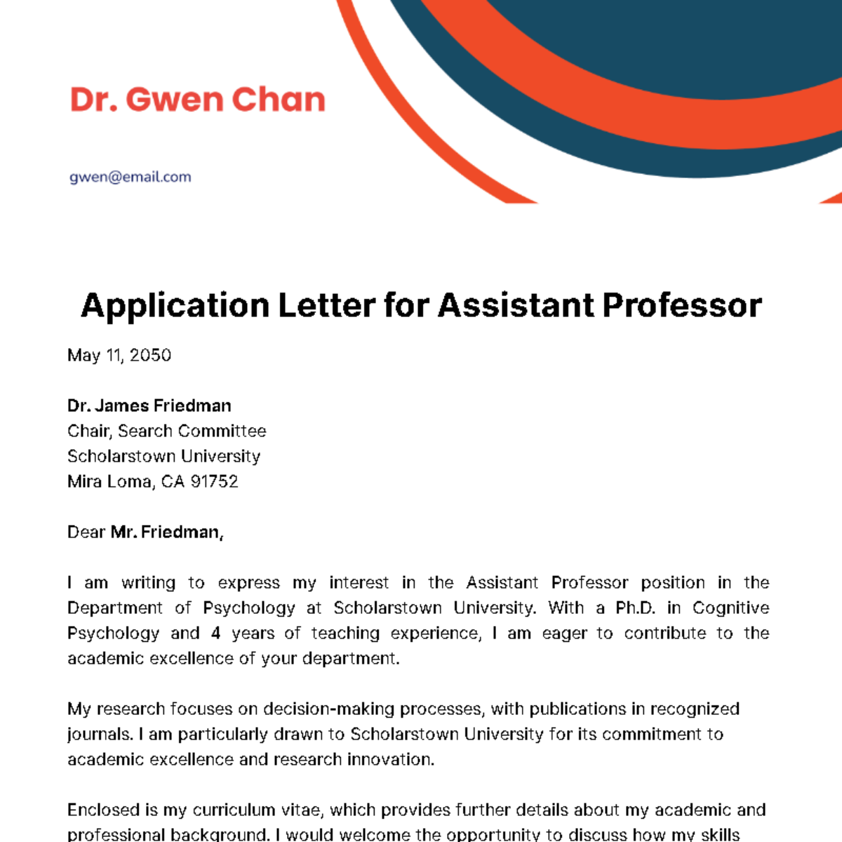 Free Application Letter for Assistant Professor  Template