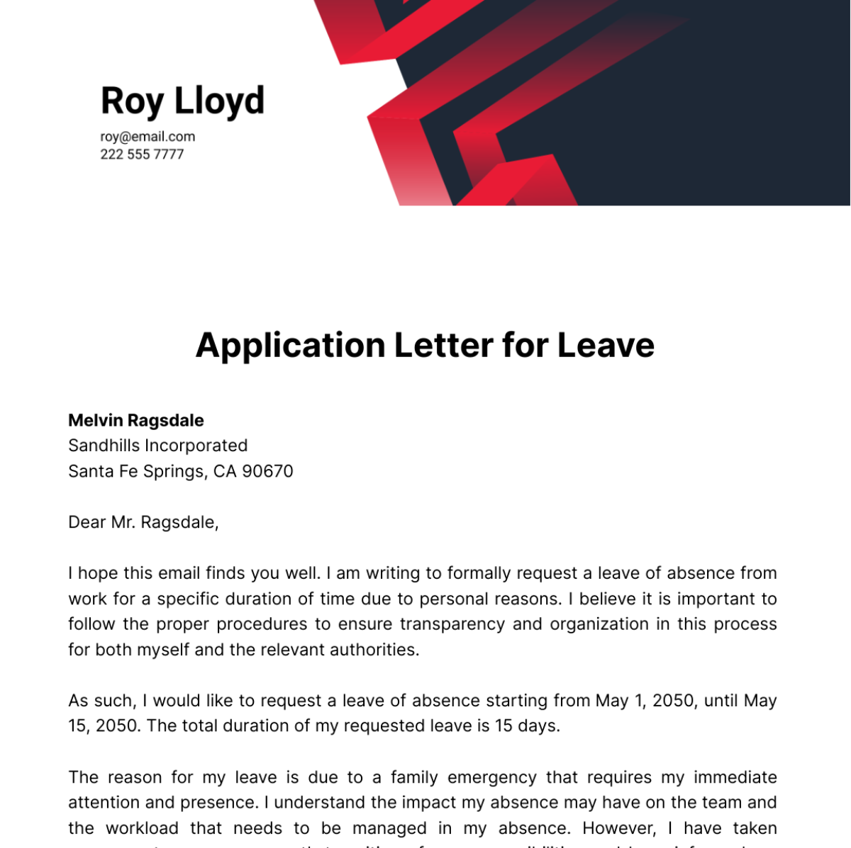 Application Letter for Leave  Template