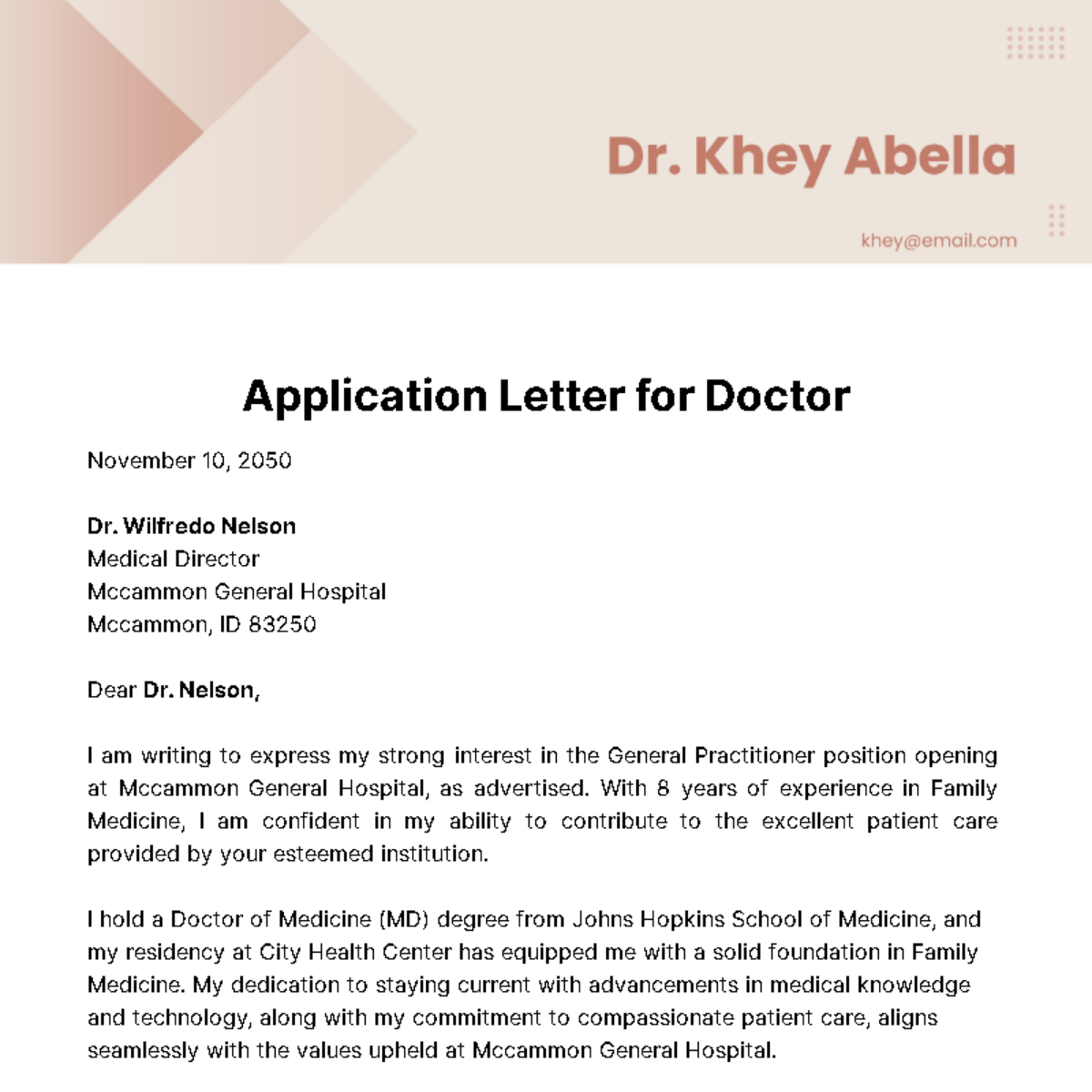 Free Application Letter for Doctor  Template